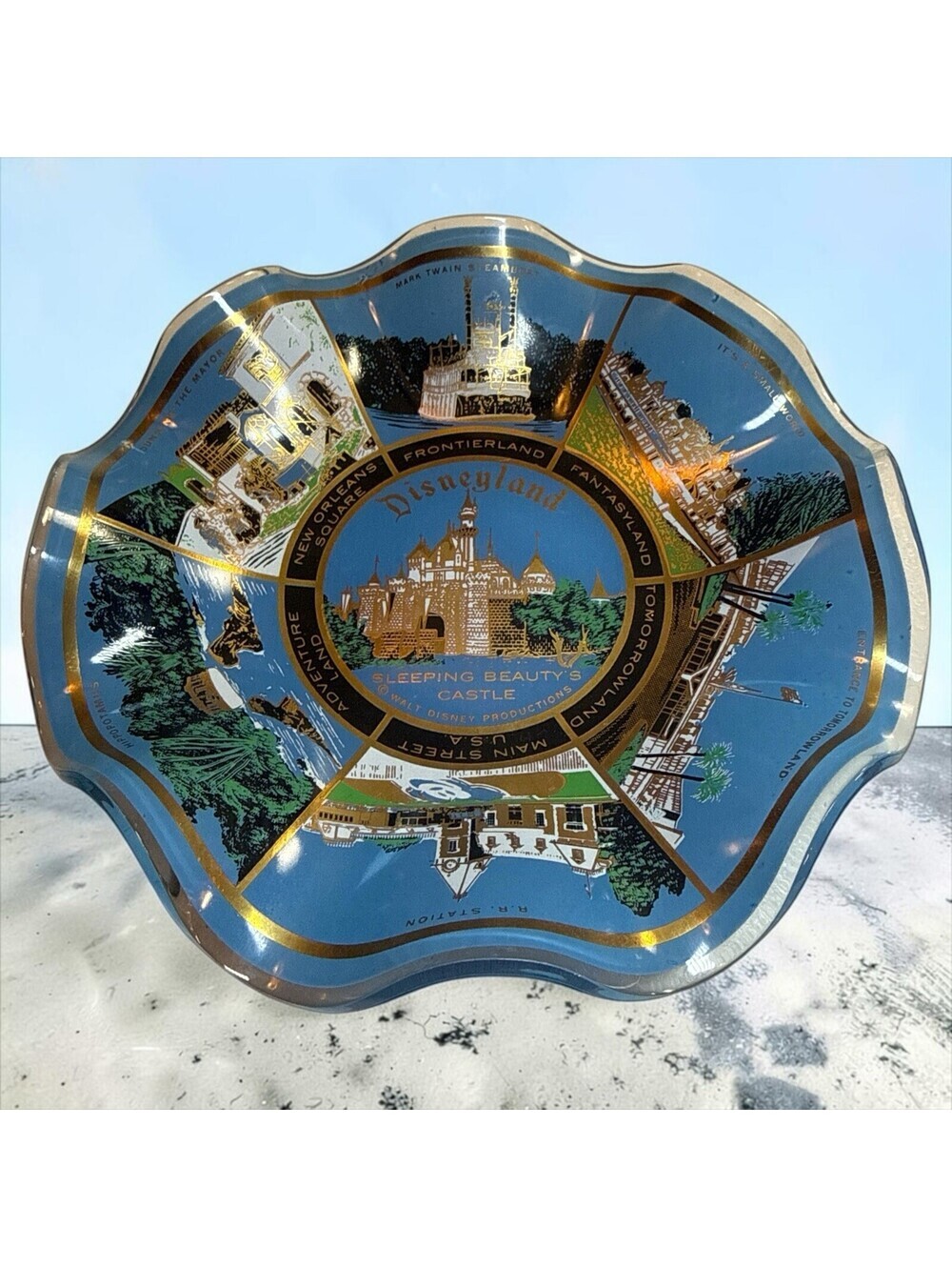 DISNEYLAND Theme Park Glass Blue Ruffled Edge Dish 7" Collectible Trinket Plate